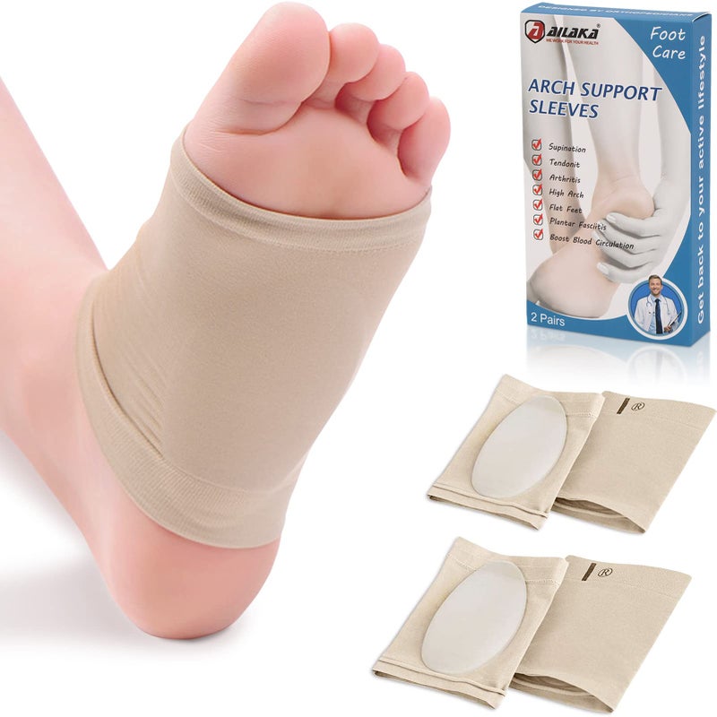Ailaka 2 Pairs Compression Arch Support Sleeves Cushioned Arch Support Braces Gel Pads for Flat Foot Pain Relief Plantar Fasciitis Heel Spurs